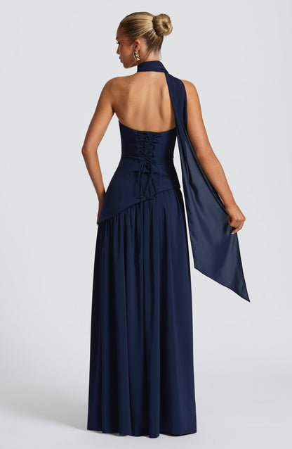 Elena Strapless Lace-Up Slit Maxi Dress