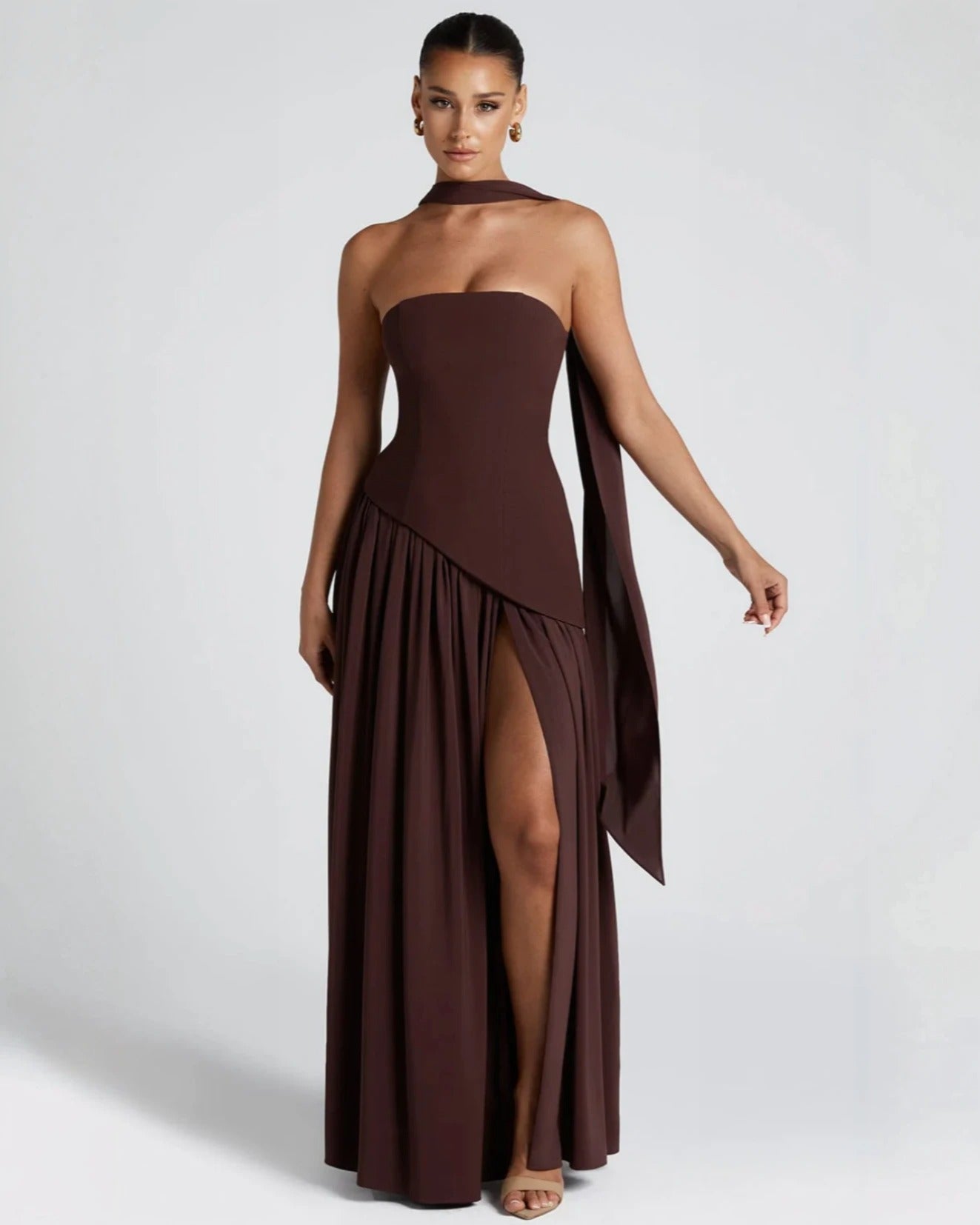 Elena Strapless Lace-Up Slit Maxi Dress