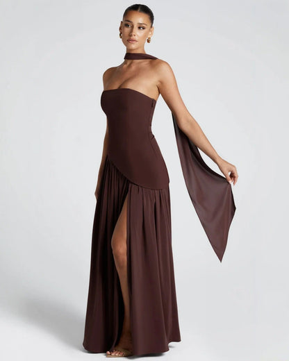Elena Strapless Lace-Up Slit Maxi Dress