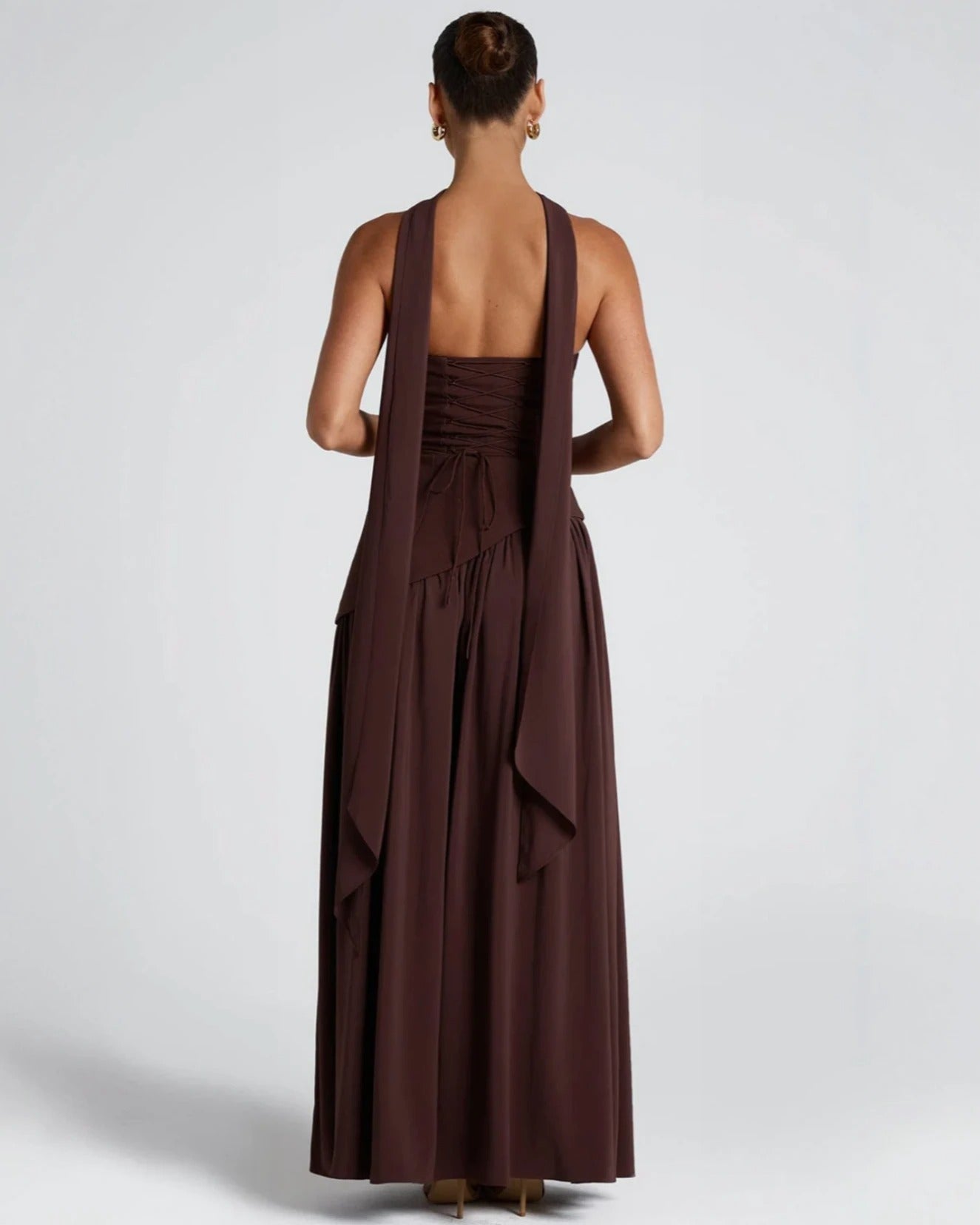 Elena Strapless Lace-Up Slit Maxi Dress