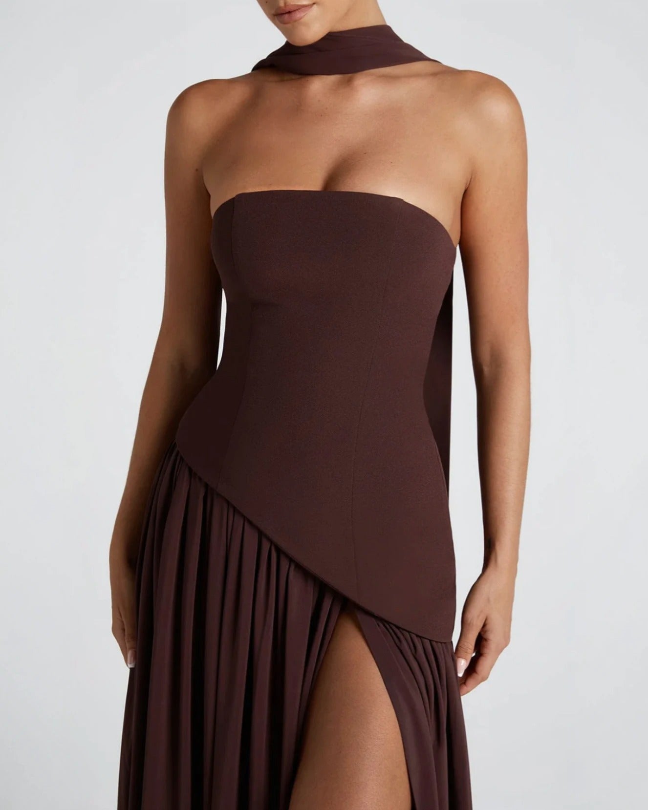 Elena Strapless Lace-Up Slit Maxi Dress