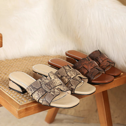 Valentina Snake Print Square Toe Block Heel Sandals