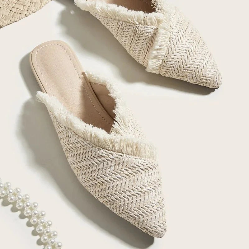 Clara Raffia Pointed Toe Flat Mules