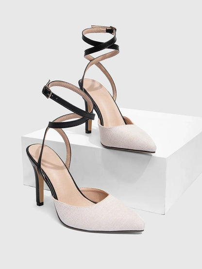 Celeste Canvas Pointed Toe Ankle Strap Heels
