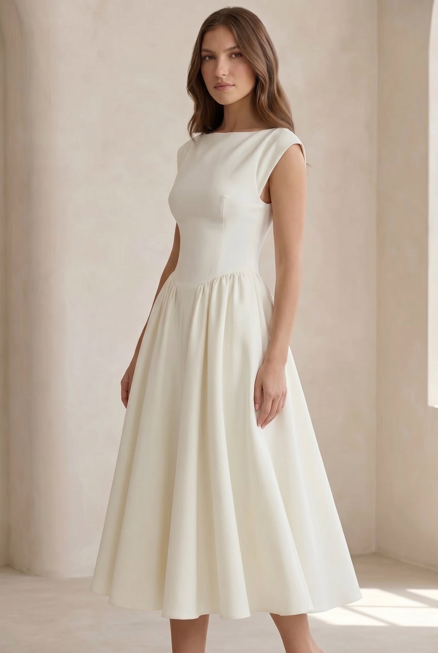 Celeste Cap Sleeve Structured Midi Dress