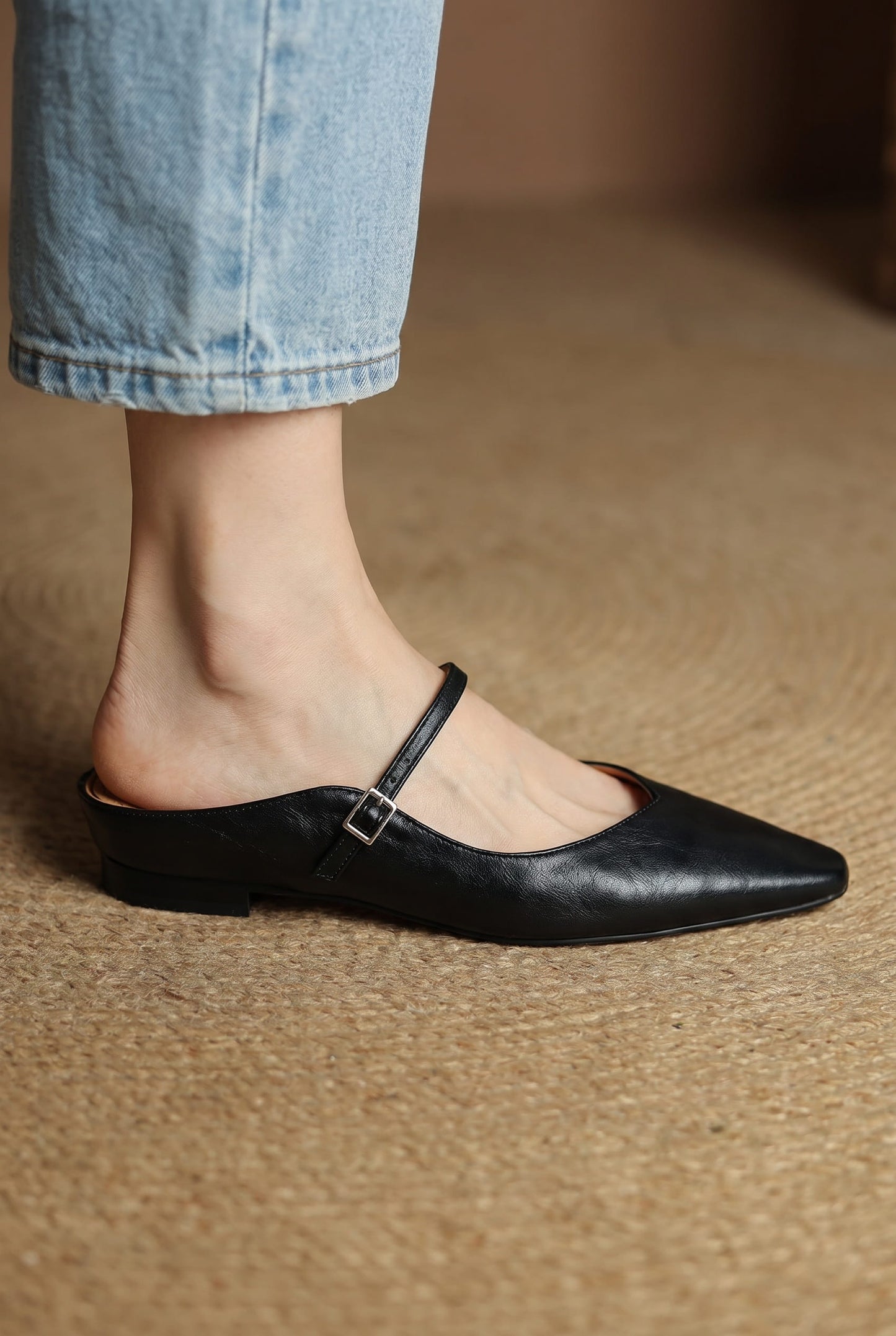 Elodie Pointed Toe Leather Mary Jane Mules