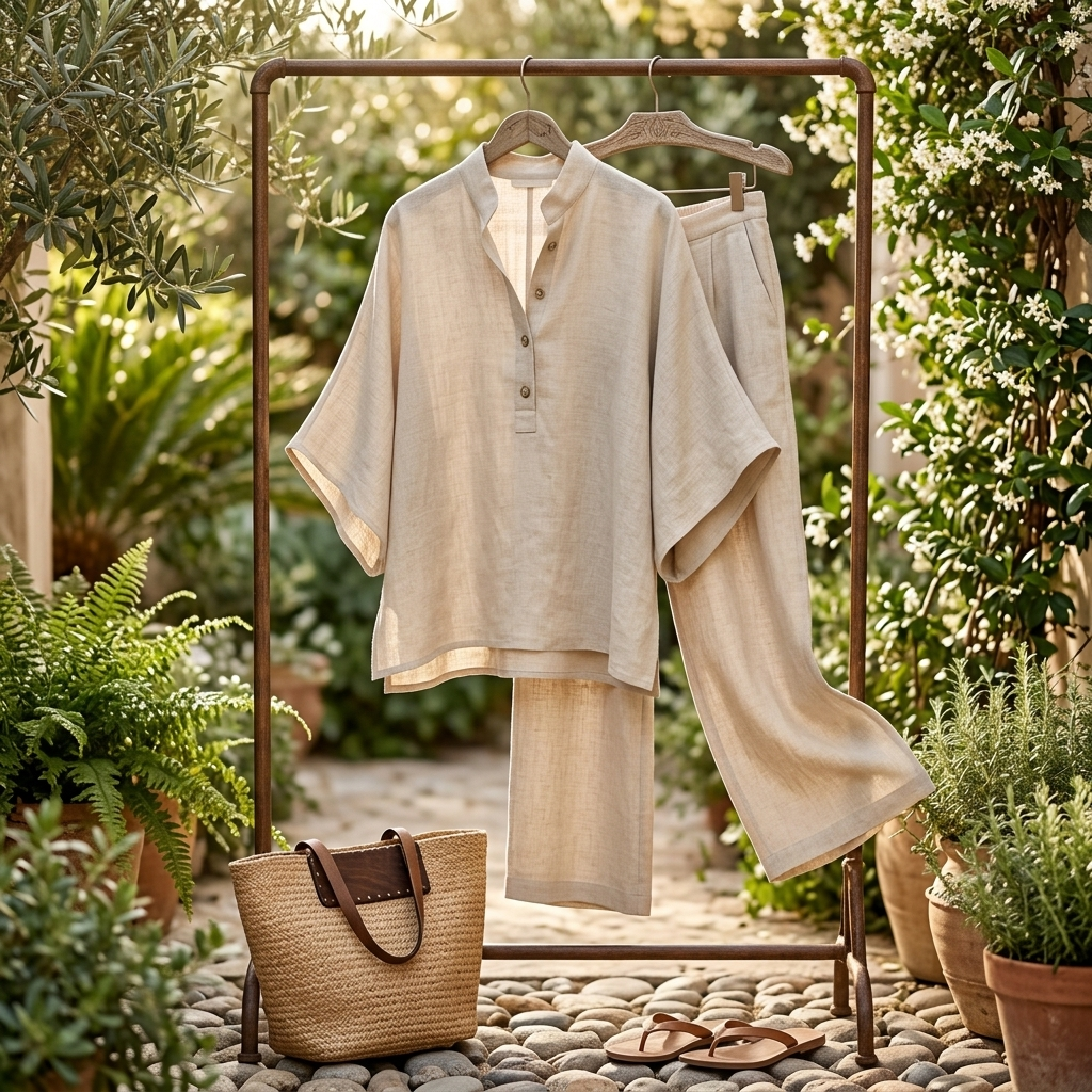 Arielle Mandarin Collar Linen Pant Set