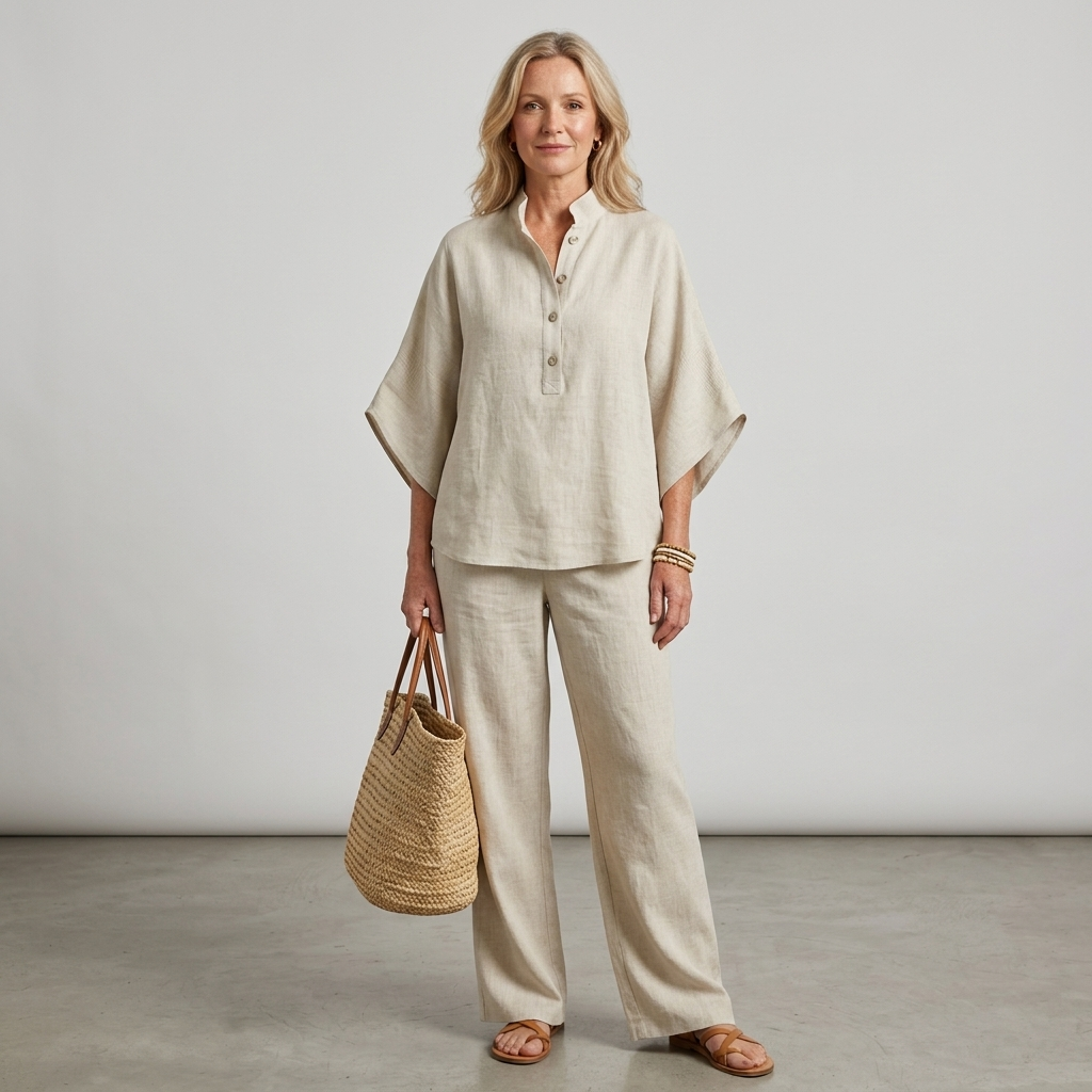 Arielle Mandarin Collar Linen Pant Set
