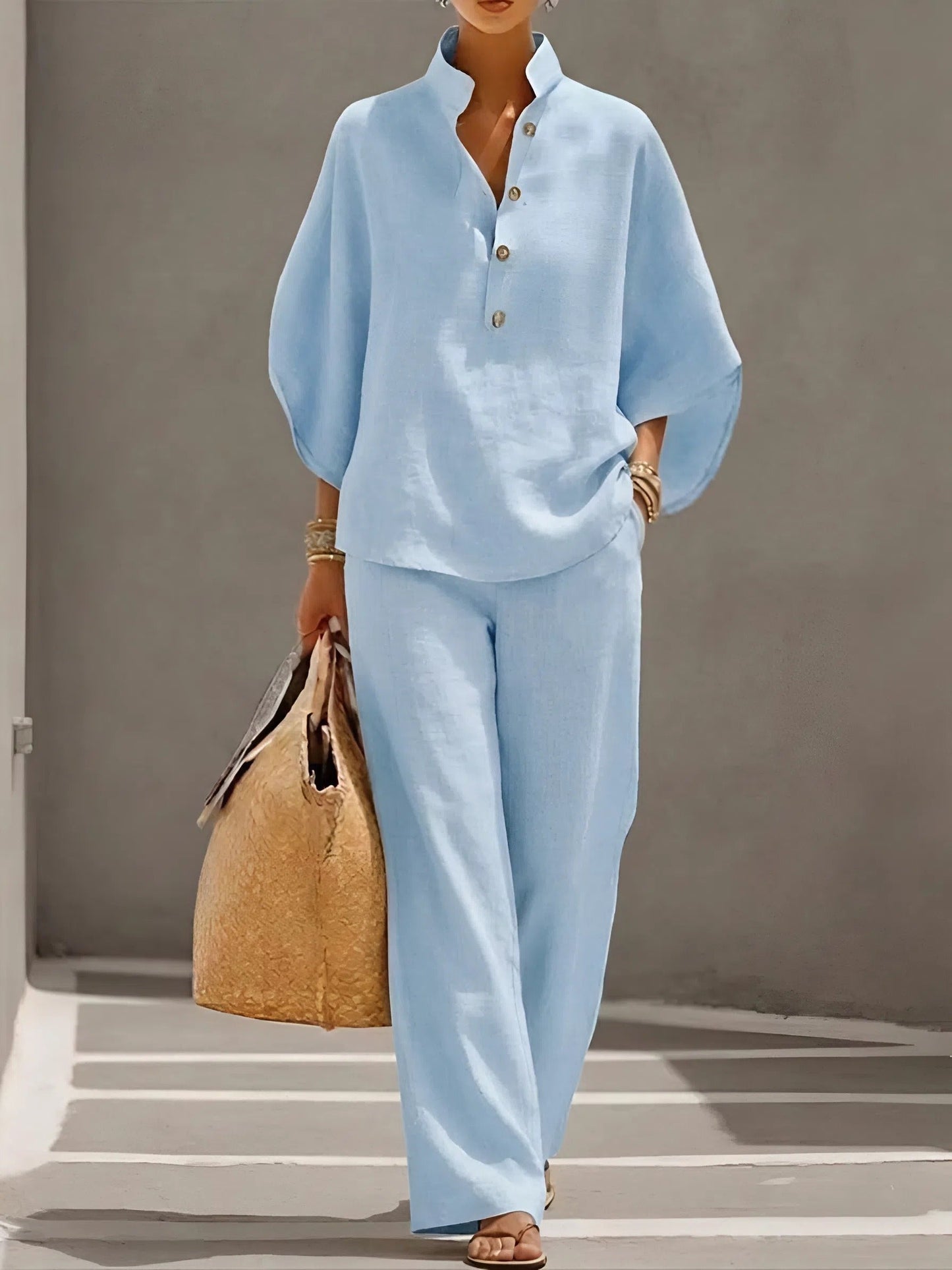Arielle Mandarin Collar Linen Pant Set