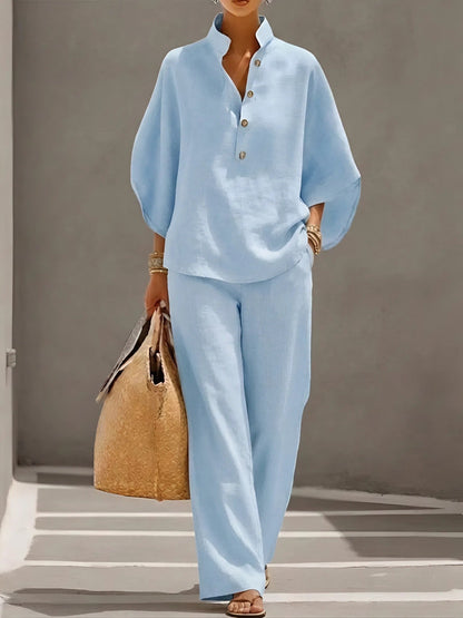 Arielle Mandarin Collar Linen Pant Set