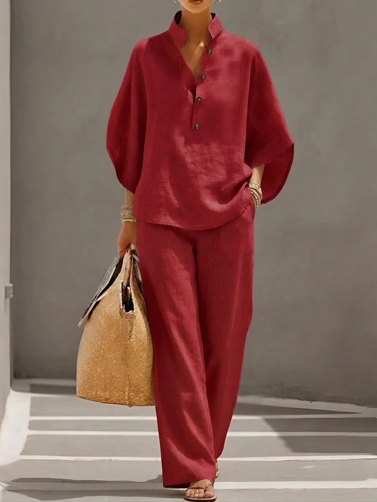 Arielle Mandarin Collar Linen Pant Set