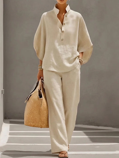 Arielle Mandarin Collar Linen Pant Set