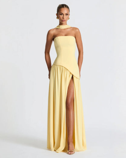 Elena Strapless Lace-Up Slit Maxi Dress