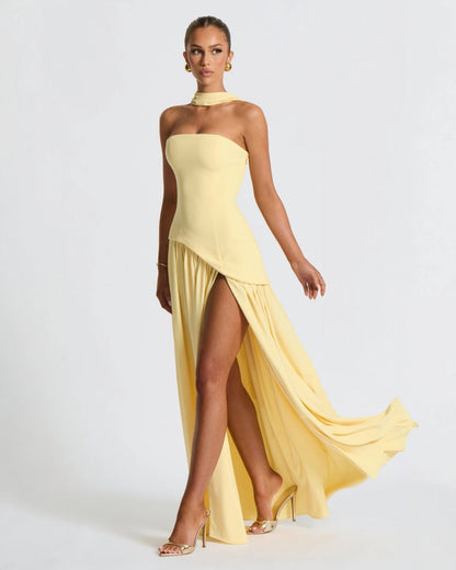 Elena Strapless Lace-Up Slit Maxi Dress
